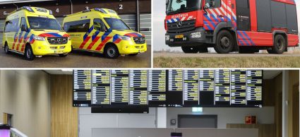 Afbeelding bestaande uit drie foto's. De foto rechtsboven bestaat uit twee ambulanceauto's. De foto linksboven bestaat uit een brandweerwagen. Op de foto onder zie je de meldkamer. 